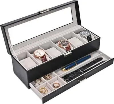 Produktbild von ProCase Uhrenbox mit 6 Fächern,Uhrenkasten mit Glasdeckel, 2 Ebenen, Uhrenkoffer mit herausnehmbaren Uhrenkissen, Uhrenschatulle für Schmuck, Ringe, Armbänder und Halsketten -Schwarz