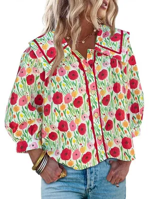 Produktbild von Modische, lässige Damenbluse mit Blumenmuster, 3/4-Ärmeln und eckigem Kragen,Größe:L