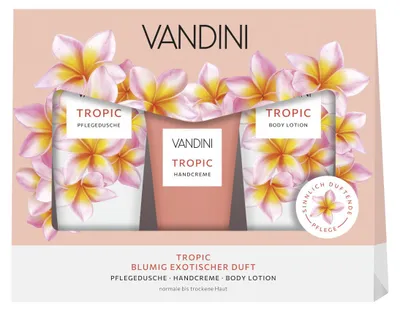 Zdjęcie produktu dla Zestaw upominkowy Vandini Tropic: płyn pod prysznic, balsam do ciała, krem do rąk – 1 sztuka