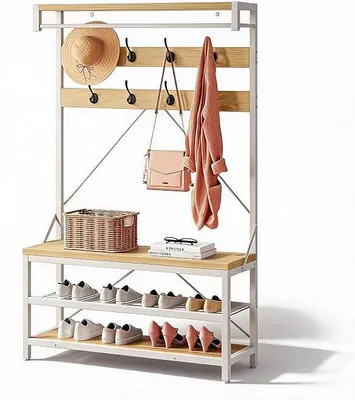Imagen del producto de Perchero con estante para zapatos, barra para colgar ropa y 8 ganchos