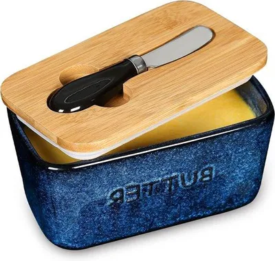 Produktbild von Keramische Löffelbutterbehälter - luftdichter Butterbehälter mit Messer - großer Butterbehälter - blau