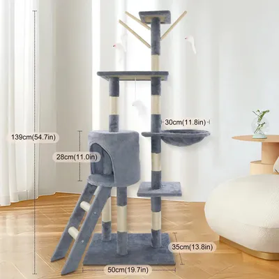 Obrázok produktu pre Mačací stromček – veža – výška 140 cm – viacposchodový – lezecká veža s jaskyňami – rebrík – škrabacie stĺpy