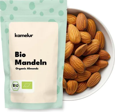 Produktbild von Kamelur 1kg BIO Mandeln natur – ganze geschälte Mandeln BIO mit Haut und ohne Zusätze