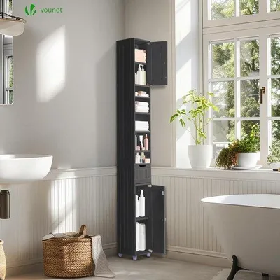 Immagine prodotto di Armadio a specchio alto da bagno - Colonna salvaspazio - Armadio alto con 2 ante e 1 cassetto - 20 x 20 x 180 cm - Armadio nero