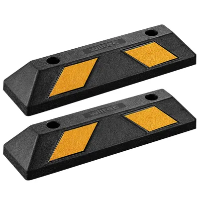 Produktbild von Wiltec Radstopper 55 x 15 x 10 cm, 2x Einparkhilfe aus Gummi, Parkplatzbegrenzung mit gelben Reflexionsstreifen & Schraubrillen, Parkplatzsperre für Garage