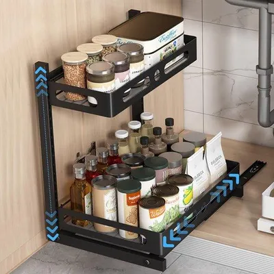 Obrázek produktu pro Unyqoos® – nastavitelný kovový organizér do spodní skříňky pro efektivní úložný prostor v kuchyni
