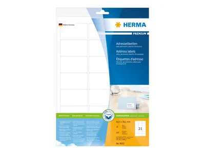 Obrázok produktu pre HERMA Premium - papier - matný - permanentne samolepiaci - biely - 63,5 x 38,1 mm 210 štítkov (10 listov x 21)