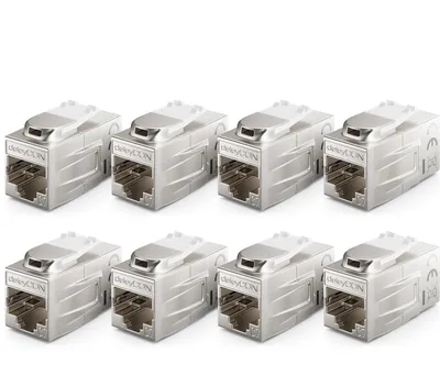 Produktbild von deleyCON 8 Stück CAT 7 Kupplung Keystone Metall 2x RJ45 Buchse Verbinder für RJ45 Patchkabel 600 MHz 10 Gbps LAN DSL Ethernet und Nutzbar als Keystone - Silber