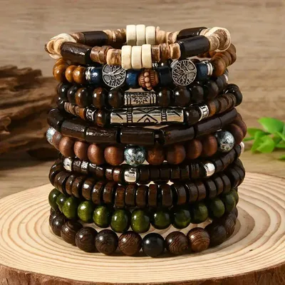Immagine prodotto di set di 10 braccialetti in legno con perline elastiche - gioielli unisex per festival boho - donne uomini aspetto naturale