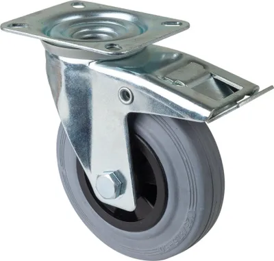 Produktbild von BS Rollen Transportrolle, Lenkrolle mit Totalfeststeller, Rad-Ø 125 mm, Tragf. 100 kg, Gummi grau, Bauhöhe 155 mm, Rollenlager