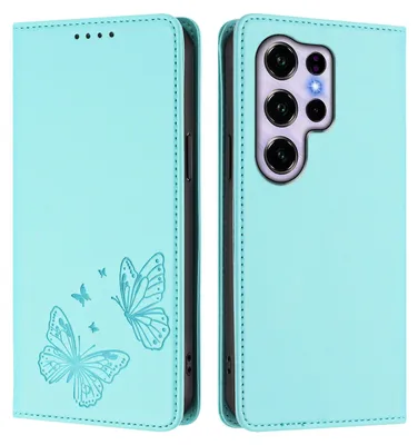 Produktbild von Lederhülle für Oukitel C2 2025, Schmetterling Prägung Leder Brieftasche Schutzhülle mit Ständer Türkis