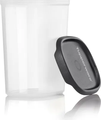 A clear, studio shot of a Tupperware container with its lid slightly ajar.