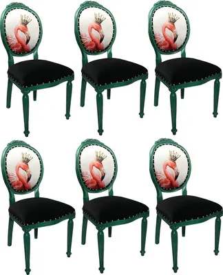 Produktbild von Casa Padrino Luxus Barock Esszimmer Set Flamingo mit Krone Grün / Schwarz / Mehrfarbig 48 x 50 x H. 98 cm - 6 handgefertigte Esszimmerstühle mit Bling Bling Glitzersteinen - Barock Esszimmermöbel
