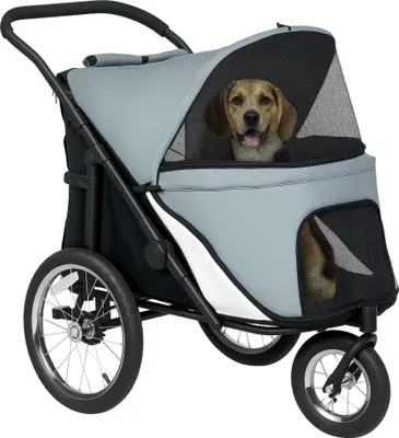 Image de PawHut Poussette chien poussette pour chien 3 roues chariot pour chien - pliage à une main, roues en caoutchouc, sac de rangement, coussin souple, laisse de sécurité, poussette chat charge 20 kg, gris