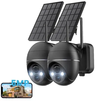 Image de Caméra de surveillance 5 MP sans fil pour l'extérieur, solaire, PTZ 360°, batterie rechargeable, 2,4 GHz, vision nocturne couleur, détection PIR, audio bidirectionnel, 2 caméras