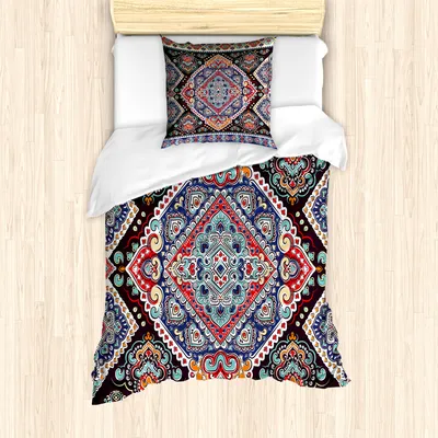 Produktbild von ABAKUHAUS Ethnisch Bettbezug Set für Einzelbetten, Lebendiger Vintage Bohemian, Milbensicher Allergiker geeignet mit Kissenbezug, Mehrfarbig