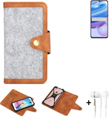 Produktbild von K-S-Trade Handyhülle + Kopfhörer kompatibel mit Xiaomi Redmi 10X Pro Schutzhülle Filz Hülle Kunstleder hellgrau braun (1x)