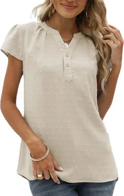 Image de ASKSA Femme Swiss Dot Blouse Manches Courtes Eté Elégant T-Shirt Col en V Tunique Unicolore Mousseline Chemise, Abricot, L