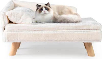 Produktbild von GOPLUS Luxus Katzensofa, Erhöhtes Hundebett mit Rückenlehne, abnehmbarem Kissen & Holzbeinen, Katzencouch für mittelgroße & große Katzen (Beige)
