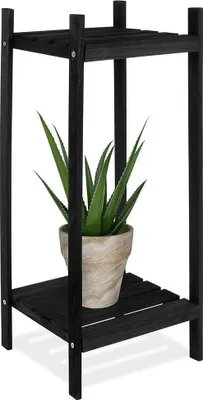 A black wooden plant stand with two shelves holding a potted plant.