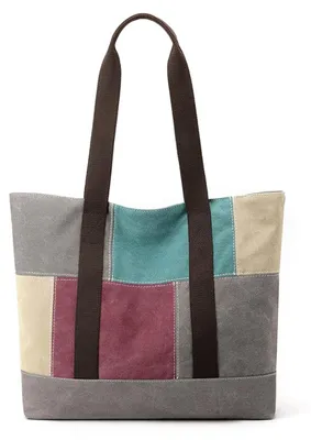 Zdjęcie produktu dla Vintage torba na ramię z płótna, ozdobiona geometrycznym wzorem, o dużej pojemności