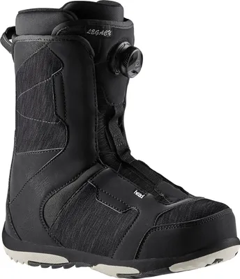 A black snowboard boot is shown against a white background.