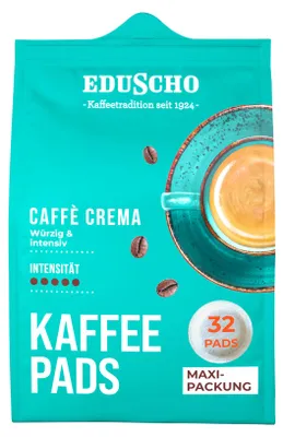 Image de Eduscho, dosettes de café, Caffè Crema, 32 dosettes. Goût épicé et intense, arôme frais. Intensité 5/5. Convient à toutes les machines à dosettes