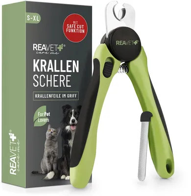 Produktbild von REAVET Krallenschere mit Schutz für Hunde & Katzen - Sicherer Schnitt Dank Abstandshalter Inklusive Nagelfeile I Nagelschere Haustier, Krallenpflege, Sicherheits-Krallenschere