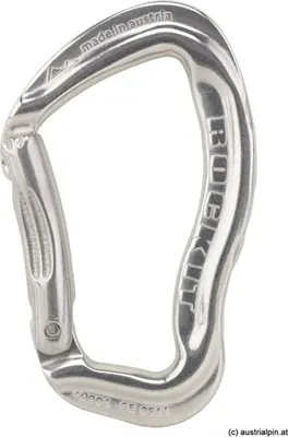 Rockit Karabiner Schnapper von Austri Alpin; silberfarben; für Klettern; mit eingravierter Marke und Made in Austria.