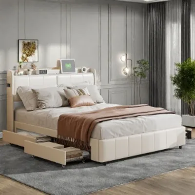 Image de CDGlobal Lit rembourré Lit double 160x200 cm avec USB, Lit de rangement 4 tiroirs de rangement,sommier à lattes en bois, Lit moderne Cadre de lit en métal, PU, Beige