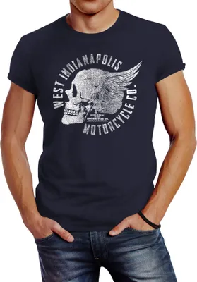 Produktbild von Herren T-Shirt Motorrad Biker Totenkopf Skull Wings Vintage Slim Fit Neverless® navy XS