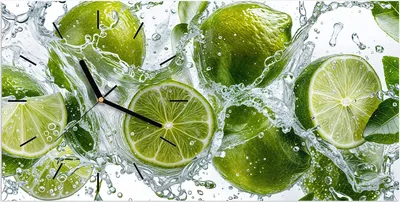 Produktbild von Wanduhr aus Glas mit Motiv Spritzige Limetten- 60 x 30 cm - inkl. Aufhängesystem