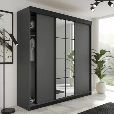 Produktbild von LAMARO Schiebetürenschrank 200x205 Schrank Kleiderschrank Garderobe, mit Kleiderstangen und Fächern, mit Spiegel, 3-türig - Anthrazit
