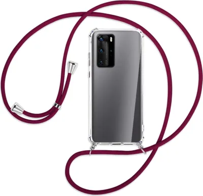 Produktbild von Handykette Backcover-Schutzhülle mit Band (Metall silberfarben) für Huawei P40 - dunkelrot