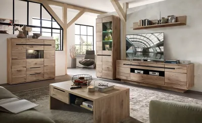 Produktbild von Wohnzimmer Komplett Set mit Couchtisch und Beleuchtung BURNHAM-36 in Eiche Nb. mit graphit