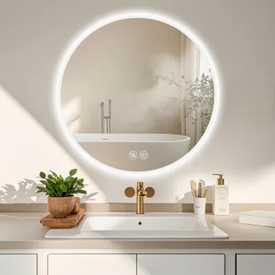 Produktbild von MODFU Badspiegel Rund,Badezimmerspiegel 70cm,Wandspiegel mit LED und Dimmfunktion,Schminkspiegel für Schlafzimmer & Badezimmer,Silber