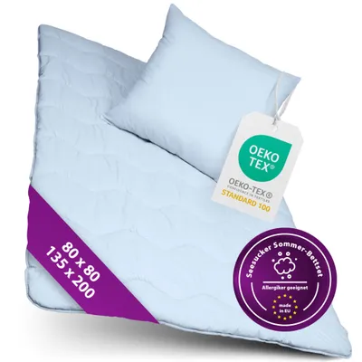 Produktbild von Premium 2-in-1 Seersucker Betten Set Decke 135x200 cm Kissen 80x80 cm kein Bezug nötig, Farbe:Blau