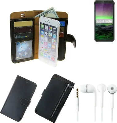 Produktbild von TOP SET Portemonnaie Schutz Hülle kompatibel mit Blackview BV5500 Pro  schwarz aus Kunstleder + Kopfhörer Walletcase Smartphone Tasche vollwertige