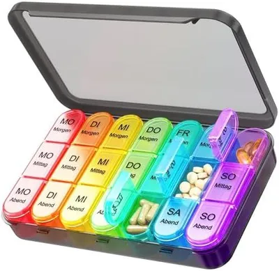Produktbild von Daviky Tablettenbox 7 Tage 3 Fächer, Tablettenbox Morgens Mittags Abends, Medikamentenbox 7 Tage 3 Fächer mit Großen Separaten Fächern, Kleine Reise-Wöchentlicher Pillendose für Vitamine/Medikamente