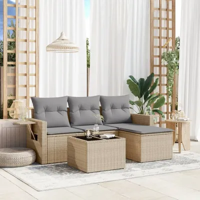 Produktbild von Design 4-tlg. Garten-Sofagarnitur mit Kissen Beige Poly Rattan, Gartenmöbel-Sets 2024 Neu