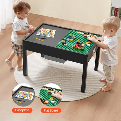 Zdjęcie produktu dla Stolik dla dzieci VEVOR 810 x 553 x 502 mm, drewniany stolik do zabawy, dwustronny blat z klocków, wielofunkcyjny stolik do zabawy z 2 pojemnikami do przechowywania, prezent dla dzieci w wieku 3 lat i starszych, czarny