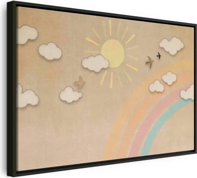 Produktbild von Italienischer Leinwand Leinwandbild - Holiday Sky - Sunny Day with a Rainbow and Flying Birds 120x80 cm Für Kinder e-A-10138-b-a