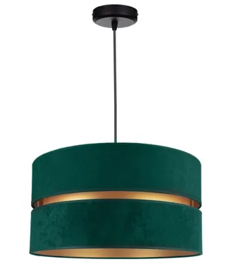 A dark green pendant lamp with a gold interior, suspended from a black ceiling mount.