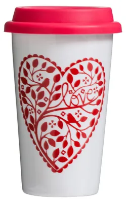 Thermobecher Porzellan doppelwandig 330 ml Rot mit Deckel