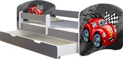 Image de ACMA lit d'adolescent lit d'enfant lit junior set complet avec matelas sommier à lattes et protection antichute gris 05 voiture grise 140x70 + coffre de lit