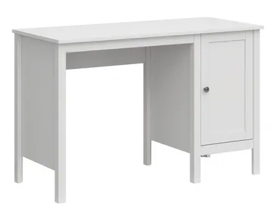 A white desk with a cabinet on the right side, shown from a front-side angle against a white background.