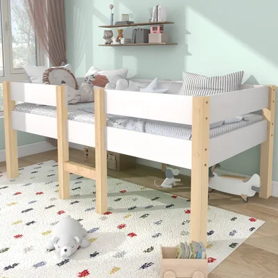 A child's bedroom with a loft bed, rug, and toys.