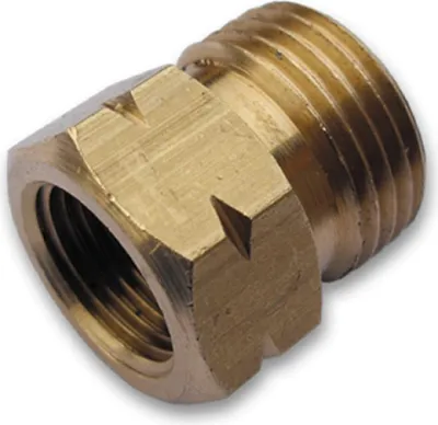 A close-up studio shot of a brass adapter fitting.
