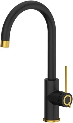 Produktbild von QUADRON Küchenarmatur JODIE Q LINE SLIM SteelQ 35,5 cm, Edelstahl Spültischarmatur Mischbatterie 360° Wasserhahn Küche QFix, Schwarz & Gold PVD