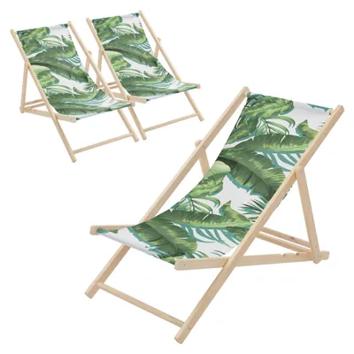 Obrázok produktu pre ECD Germany, sada 3 ks skladacích ležadiel Tropical, zeleno-biele, drevené, s 3-stupňovo nastaviteľným operadlom, plážové ležadlo do záhrady, na balkón alebo terasu